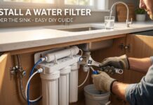 How to Install a Water Filter Under the Sink (DIY Guide & Best 2026 Systems) A professional photograph of a man using a wrench to install a water filter system under a modern kitchen sink. Bold white text overlay reads: 'INSTALL A WATER FILTER UNDER THE SINK - EASY DIY GUIDE