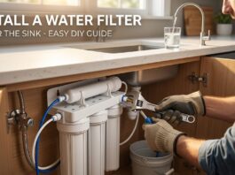 How to Install a Water Filter Under the Sink (DIY Guide & Best 2026 Systems) A professional photograph of a man using a wrench to install a water filter system under a modern kitchen sink. Bold white text overlay reads: 'INSTALL A WATER FILTER UNDER THE SINK - EASY DIY GUIDE
