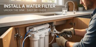 How to Install a Water Filter Under the Sink (DIY Guide & Best 2026 Systems) A professional photograph of a man using a wrench to install a water filter system under a modern kitchen sink. Bold white text overlay reads: 'INSTALL A WATER FILTER UNDER THE SINK - EASY DIY GUIDE