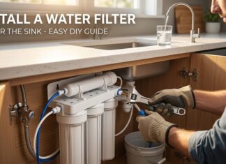 How to Install a Water Filter Under the Sink (DIY Guide & Best 2026 Systems) A professional photograph of a man using a wrench to install a water filter system under a modern kitchen sink. Bold white text overlay reads: 'INSTALL A WATER FILTER UNDER THE SINK - EASY DIY GUIDE