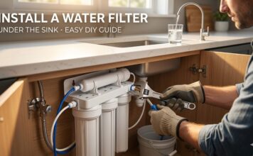 How to Install a Water Filter Under the Sink (DIY Guide & Best 2026 Systems) A professional photograph of a man using a wrench to install a water filter system under a modern kitchen sink. Bold white text overlay reads: 'INSTALL A WATER FILTER UNDER THE SINK - EASY DIY GUIDE