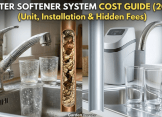 Water Softener System Cost Guide (2026): Unit, Installation & Hidden Fees Homeowner reviewing a plumber's installation bill next to a new salt-based water softener system in a basement