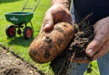 10 10 20 Fertiliser Guide (2026): Grow Massive Roots & Lawns A gardener holding a massive, healthy potato harvested from loose sandy loam soil, with a bag of 10-10-20 fertiliser in the background.