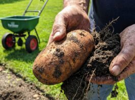 10 10 20 Fertiliser Guide (2026): Grow Massive Roots & Lawns A gardener holding a massive, healthy potato harvested from loose sandy loam soil, with a bag of 10-10-20 fertiliser in the background.