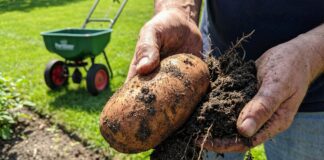 10 10 20 Fertiliser Guide (2026): Grow Massive Roots & Lawns A gardener holding a massive, healthy potato harvested from loose sandy loam soil, with a bag of 10-10-20 fertiliser in the background.