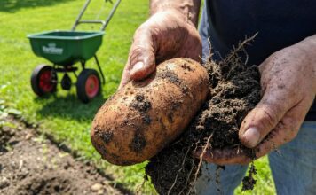 10 10 20 Fertiliser Guide (2026): Grow Massive Roots & Lawns A gardener holding a massive, healthy potato harvested from loose sandy loam soil, with a bag of 10-10-20 fertiliser in the background.