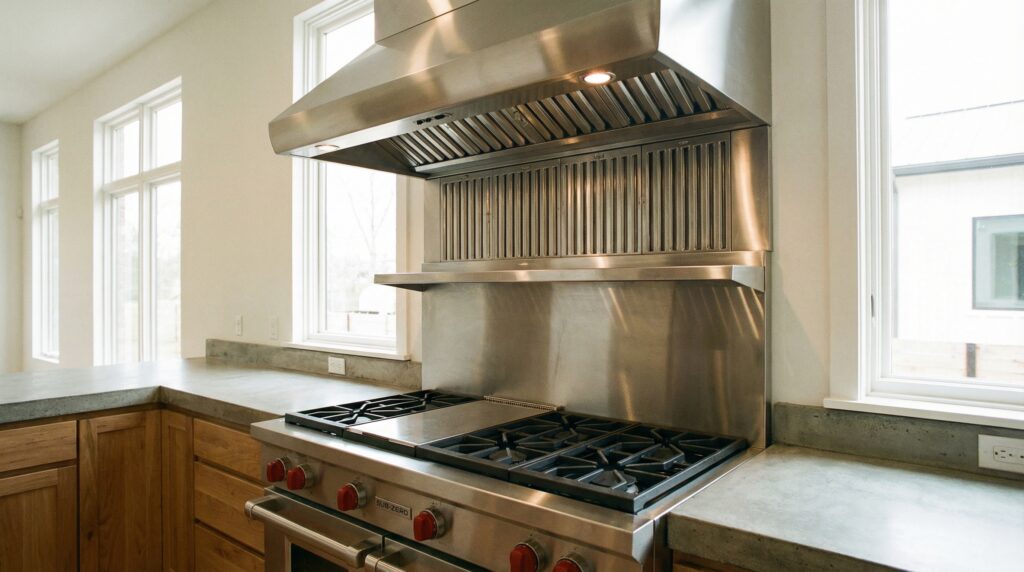 A modern pro-style 1000 CFM stainless steel range hood installed over a large gas cooktop in a residential kitchen. A modern pro-style 1000 CFM stainless steel range hood installed over a large gas cooktop in a residential kitchen.