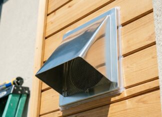 6 inch Wall Vent with Damper and Screen: Stop Drafts (DIY) A brand new heavy-duty stainless steel 6 inch exterior wall vent with a damper and pest screen installed on a house siding.