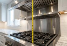 Gas Cooktop and Rangehood (2026): DIY Clearance & CFM Guide A professional stainless steel gas cooktop and a high-CFM ducted rangehood installed in a modern kitchen, demonstrating the correct minimum distance between them.