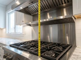 Gas Cooktop and Rangehood (2026): DIY Clearance & CFM Guide A professional stainless steel gas cooktop and a high-CFM ducted rangehood installed in a modern kitchen, demonstrating the correct minimum distance between them.