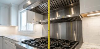 Gas Cooktop and Rangehood (2026): DIY Clearance & CFM Guide A professional stainless steel gas cooktop and a high-CFM ducted rangehood installed in a modern kitchen, demonstrating the correct minimum distance between them.