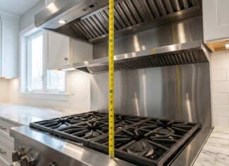Gas Cooktop and Rangehood (2026): DIY Clearance & CFM Guide A professional stainless steel gas cooktop and a high-CFM ducted rangehood installed in a modern kitchen, demonstrating the correct minimum distance between them.