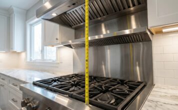 Gas Cooktop and Rangehood (2026): DIY Clearance & CFM Guide A professional stainless steel gas cooktop and a high-CFM ducted rangehood installed in a modern kitchen, demonstrating the correct minimum distance between them.