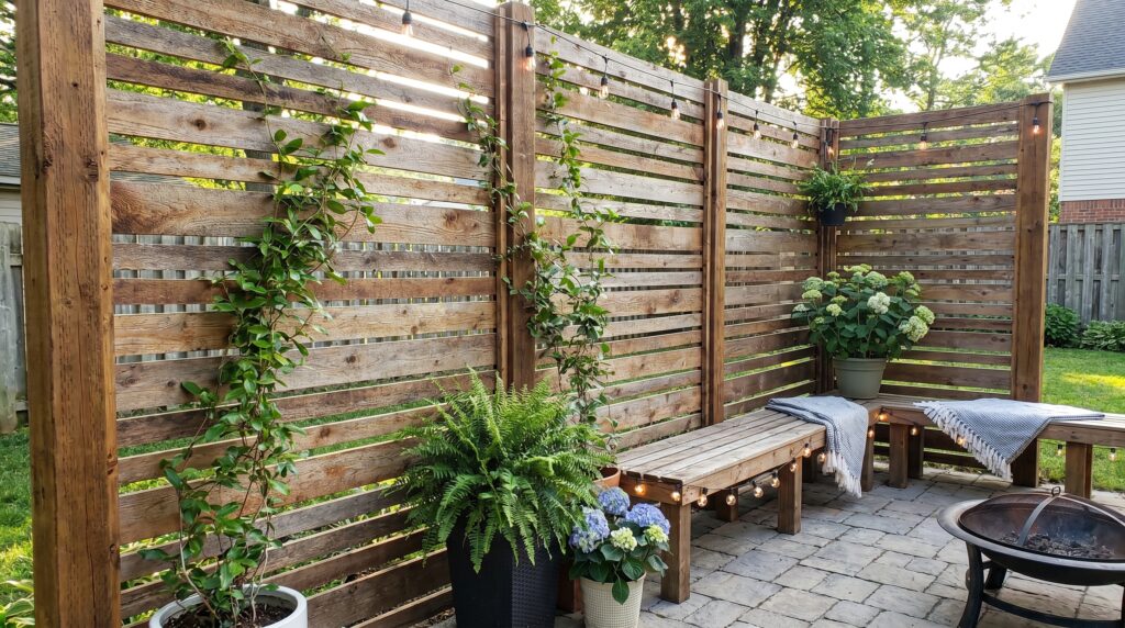 A DIY outdoor privacy screen built from wood slats on a backyard patio. A DIY outdoor privacy screen built from wood slats on a backyard patio.