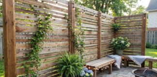 How to Build a DIY Outdoor Privacy Screen (Step-by-Step + Cheap Ideas) A DIY outdoor privacy screen built from wood slats on a backyard patio.
