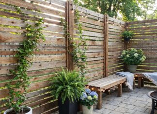 How to Build a DIY Outdoor Privacy Screen (Step-by-Step + Cheap Ideas) A DIY outdoor privacy screen built from wood slats on a backyard patio.