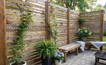 How to Build a DIY Outdoor Privacy Screen (Step-by-Step + Cheap Ideas) A DIY outdoor privacy screen built from wood slats on a backyard patio.
