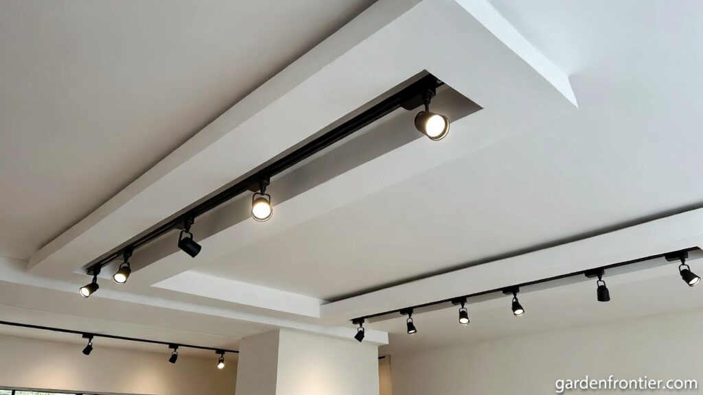 A modern living room ceiling featuring a sleek recessed magnetic track light system with adjustable spotlights A modern living room ceiling featuring a sleek recessed magnetic track light system with adjustable spotlights