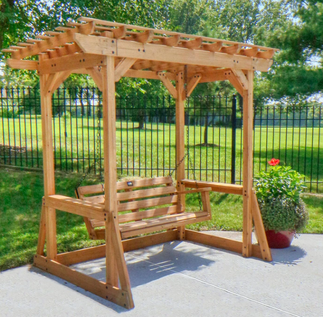 Backyard Discovery Callahan 8' x 5' Cedar Wood Outdoor Patio Pergola Swing Bench with Trellis, Two-Person Seating, Chains, Water Resistance, 600 Lb Weight Capacity for Porch, Patio, Deck, Garden Pergola Swing Bench with Trellis
