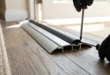 Front Door Threshold Replacement (2026): Stop Drafts & Leaks A newly installed adjustable aluminum front door threshold with a black rubber seal stopping drafts and water leaks.
