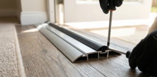 Front Door Threshold Replacement (2026): Stop Drafts & Leaks A newly installed adjustable aluminum front door threshold with a black rubber seal stopping drafts and water leaks.