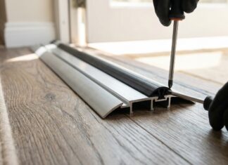 Front Door Threshold Replacement (2026): Stop Drafts & Leaks A newly installed adjustable aluminum front door threshold with a black rubber seal stopping drafts and water leaks.