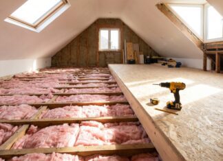 Attic Flooring 2026: Plywood vs OSB, Installation Guide & Exact Costs Installing OSB attic flooring over thick insulation using raised loft legs.