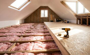 Attic Flooring 2026: Plywood vs OSB, Installation Guide & Exact Costs Installing OSB attic flooring over thick insulation using raised loft legs.