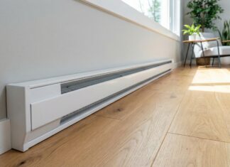 Baseboard Heater Covers 2026: DIY Upgrade A clean, modern white baseboard heater replacement cover installed along a freshly painted wall in a living room, showing the DIY transformation.