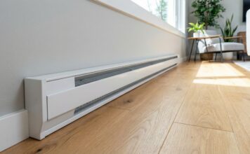 Baseboard Heater Covers 2026: DIY Upgrade A clean, modern white baseboard heater replacement cover installed along a freshly painted wall in a living room, showing the DIY transformation.