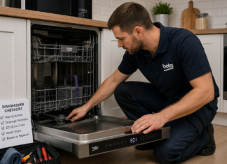 Beko Dishwasher Reviews and Repair: E01, Not Draining, Reset and Buying Tips Technician checking a Beko dishwasher for draining problems and E01 error code