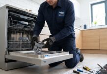 Beko Dishwasher Review & Troubleshooting Guide (2026) A technician repairing a Beko dishwasher to fix draining issues and E01 error codes.