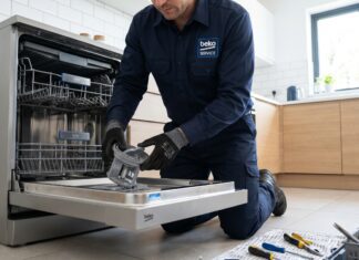Beko Dishwasher Review & Troubleshooting Guide (2026) A technician repairing a Beko dishwasher to fix draining issues and E01 error codes.