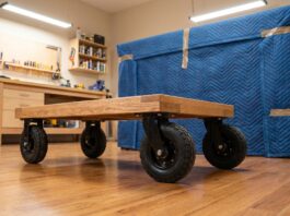 Best Four Wheel Dolly Guide: Protect Floors & Move Heavy Loads (2026) A heavy-duty wooden four wheel dolly with rubber casters used for moving furniture