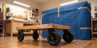 Best Four Wheel Dolly Guide: Protect Floors & Move Heavy Loads (2026) A heavy-duty wooden four wheel dolly with rubber casters used for moving furniture