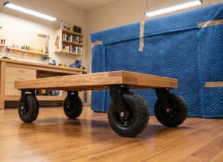 Best Four Wheel Dolly Guide: Protect Floors & Move Heavy Loads (2026) A heavy-duty wooden four wheel dolly with rubber casters used for moving furniture