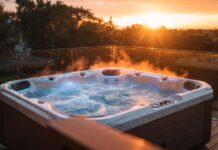 Best Hot Tub Brands (2026): Cold Climate, Salt Water & Value A premium acrylic hot tub operating on a backyard deck at sunset, showcasing modern hydrotherapy jets