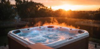 Best Hot Tub Brands (2026): Cold Climate, Salt Water & Value A premium acrylic hot tub operating on a backyard deck at sunset, showcasing modern hydrotherapy jets
