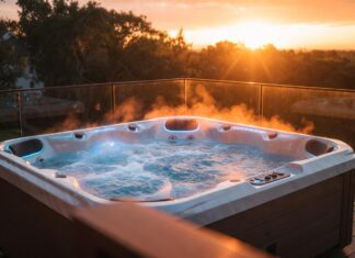 Best Hot Tub Brands (2026): Cold Climate, Salt Water & Value A premium acrylic hot tub operating on a backyard deck at sunset, showcasing modern hydrotherapy jets