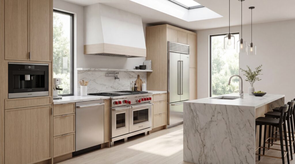 A beautifully remodeled kitchen featuring a matching stainless steel Forno appliance bundle including a pro-style gas range, french door refrigerator, and dishwasher. A beautifully remodeled kitchen featuring a matching stainless steel Forno appliance bundle including a pro-style gas range, french door refrigerator, and dishwasher.