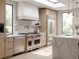 Best Kitchen Appliance Bundles 2026: Forno vs. Maytag Review A beautifully remodeled kitchen featuring a matching stainless steel Forno appliance bundle including a pro-style gas range, french door refrigerator, and dishwasher.