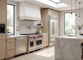 Best Kitchen Appliance Bundles 2026: Forno vs. Maytag Review A beautifully remodeled kitchen featuring a matching stainless steel Forno appliance bundle including a pro-style gas range, french door refrigerator, and dishwasher.