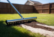 Best Lawn Leveling Mix (2026 Ratio Guide & Essential Tools Using a stainless steel lawn leveling rake to spread a sand and compost lawn leveling mix over a bumpy yard.