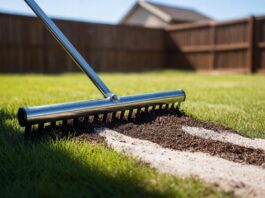 Best Lawn Leveling Mix (2026 Ratio Guide & Essential Tools Using a stainless steel lawn leveling rake to spread a sand and compost lawn leveling mix over a bumpy yard.