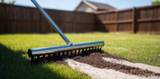 Best Lawn Leveling Mix (2026 Ratio Guide & Essential Tools Using a stainless steel lawn leveling rake to spread a sand and compost lawn leveling mix over a bumpy yard.