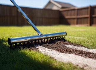 Best Lawn Leveling Mix (2026 Ratio Guide & Essential Tools Using a stainless steel lawn leveling rake to spread a sand and compost lawn leveling mix over a bumpy yard.