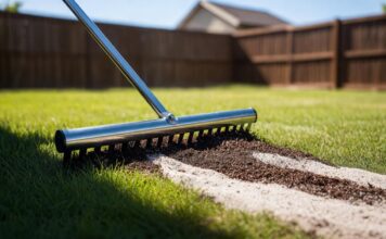 Best Lawn Leveling Mix (2026 Ratio Guide & Essential Tools Using a stainless steel lawn leveling rake to spread a sand and compost lawn leveling mix over a bumpy yard.