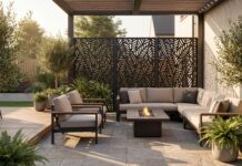 Best Metal Privacy Screens (2026): Outdoor Privacy That Works A modern backyard featuring a black laser-cut outdoor metal privacy screen dividing a seating area.