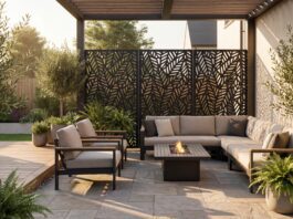 Best Metal Privacy Screens (2026): Outdoor Privacy That Works A modern backyard featuring a black laser-cut outdoor metal privacy screen dividing a seating area.