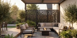 Best Metal Privacy Screens (2026): Outdoor Privacy That Works A modern backyard featuring a black laser-cut outdoor metal privacy screen dividing a seating area.